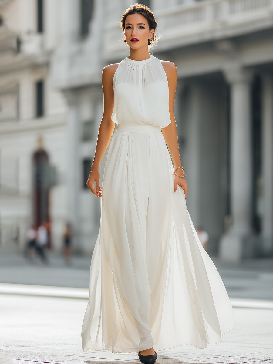 Pleated Halter Neck Maxi Dress with Flowing Skirt - Style View 2 | Clova