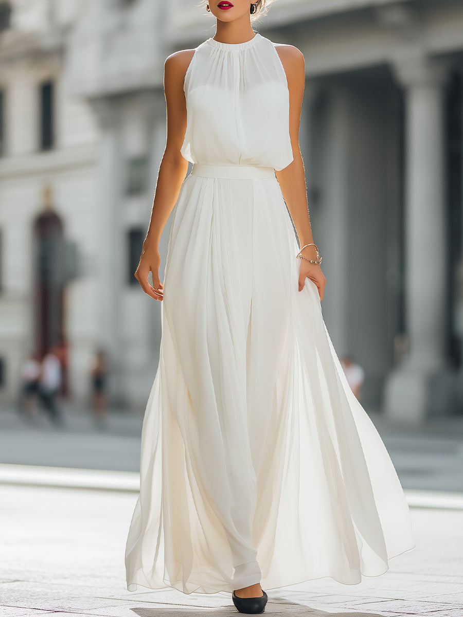 Pleated Halter Neck Maxi Dress with Flowing Skirt - Clova Women's Fashion