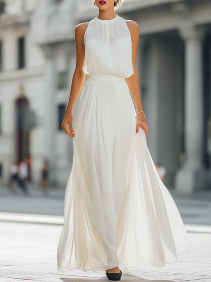 Pleated Halter Neck Maxi Dress with Flowing Skirt - Clova Women's Fashion