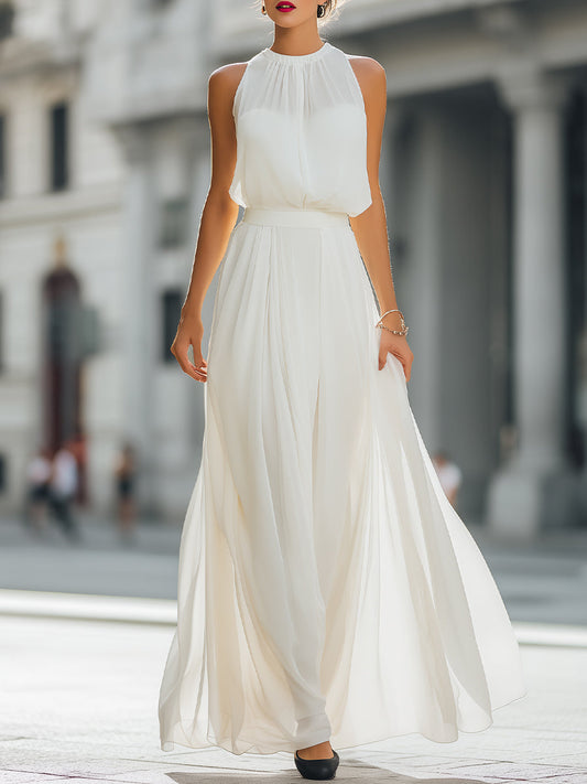 Pleated Halter Neck Maxi Dress with Flowing Skirt - Clova Women's Fashion