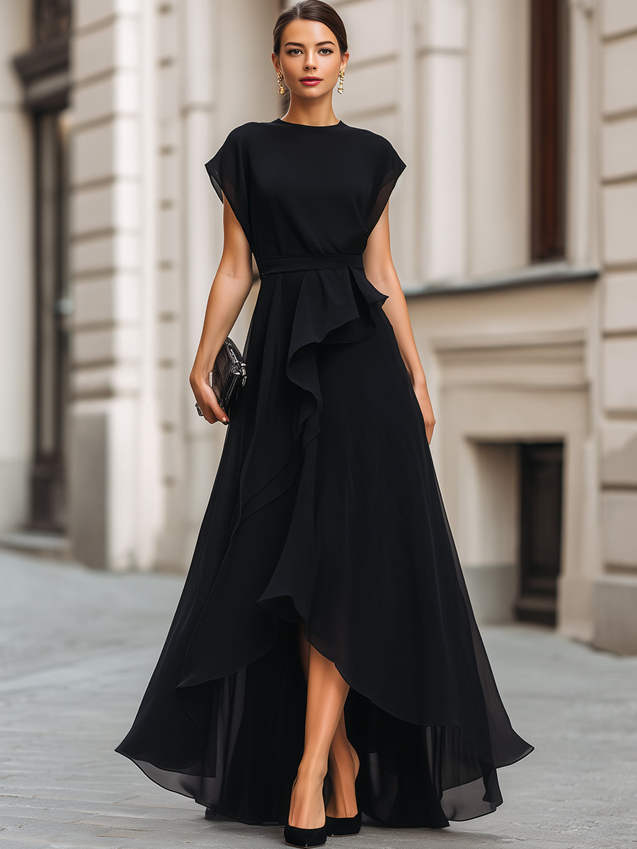 Asymmetric Ruffle High-Low Maxi Dress With Defined Waist - Style View 2 | Clova