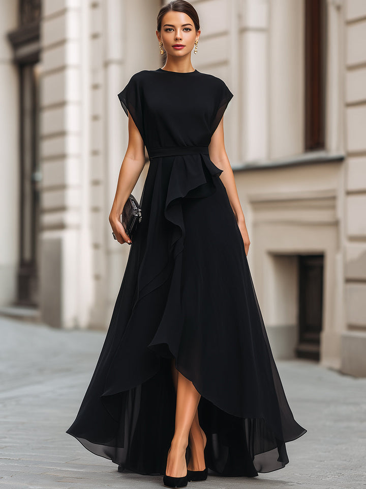 Asymmetric Ruffle High-Low Maxi Dress With Defined Waist - Style View 2 | Clova