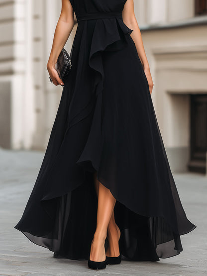 Asymmetric Ruffle High-Low Maxi Dress With Defined Waist - Style View 4 | Clova