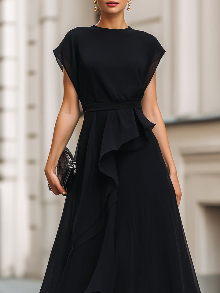 Asymmetric Ruffle High-Low Maxi Dress With Defined Waist - Style View 3 | Clova
