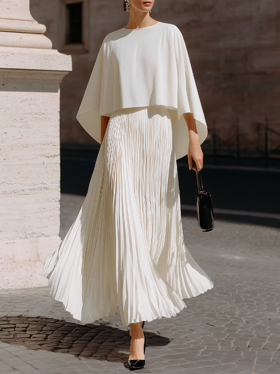 Flowing Cape Sleeve Pleated Maxi Dress - Clova Women's Fashion