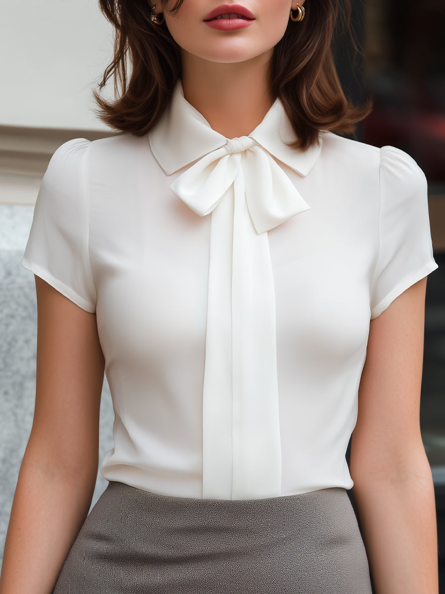 Pointed Collar Bow-Tie Satin Blouse - Clova Women's Fashion