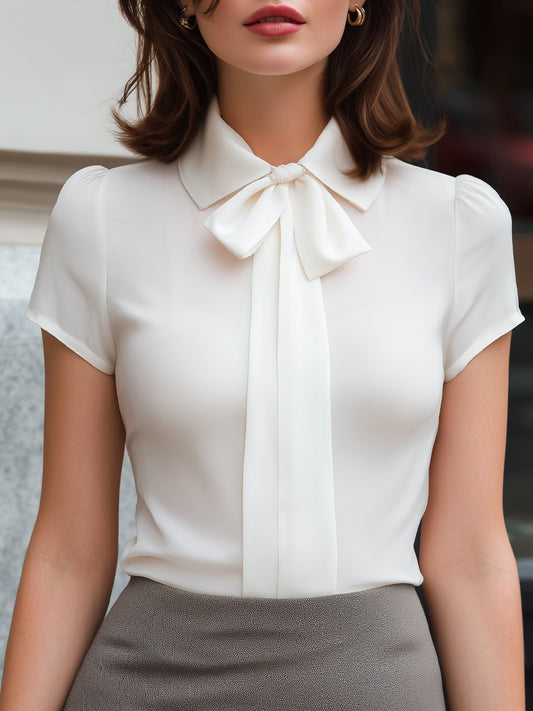 Pointed Collar Bow-Tie Satin Blouse - Clova Women's Fashion