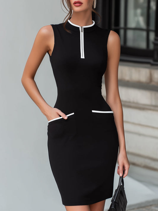 Half-Zip Mock Neckline Contrast Trim Midi Dress - Clova Women's Fashion