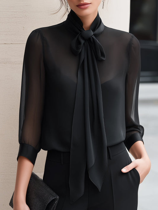 Sheer Sleeve Tie-Neck Chiffon Blouse - Clova Women's Fashion
