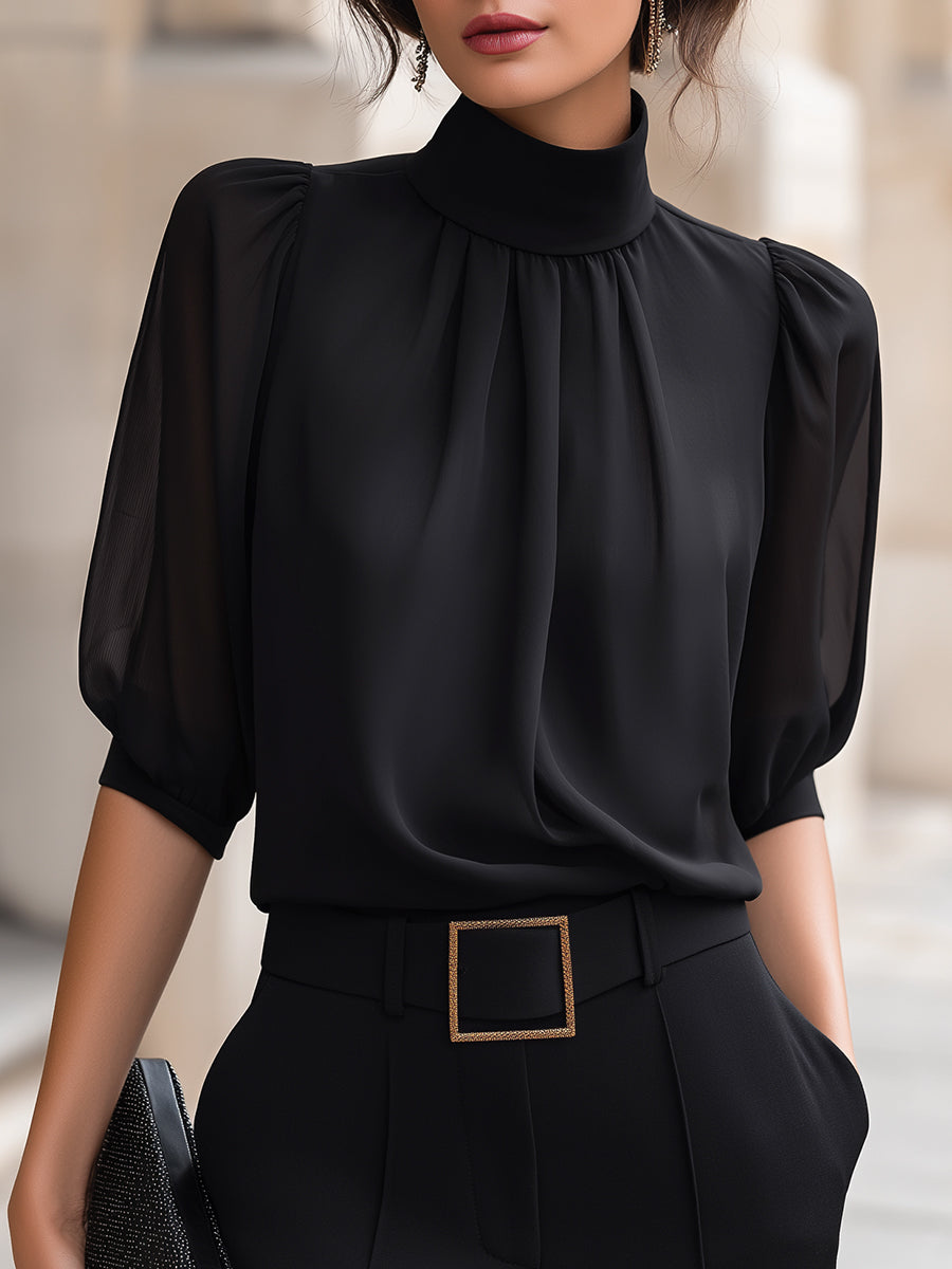 Mock Neck Chiffon Puff Sleeve Blouse - Clova Women's Fashion