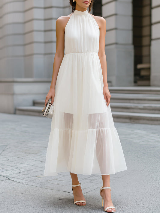 Halter-Neck Chiffon Tiered Midi Dress With Sheer Panels - Clova Women's Fashion