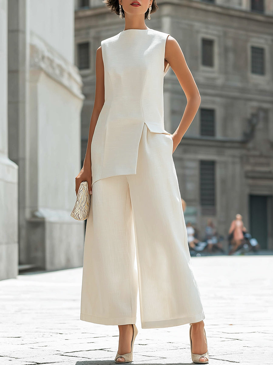 Sleeveless Asymmetrical Overlay Wide-Leg Set - Clova Women's Fashion