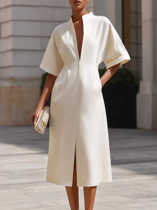 Zip-Front V-Neck Midi Dress With Structured Waist - Clova Women's Fashion