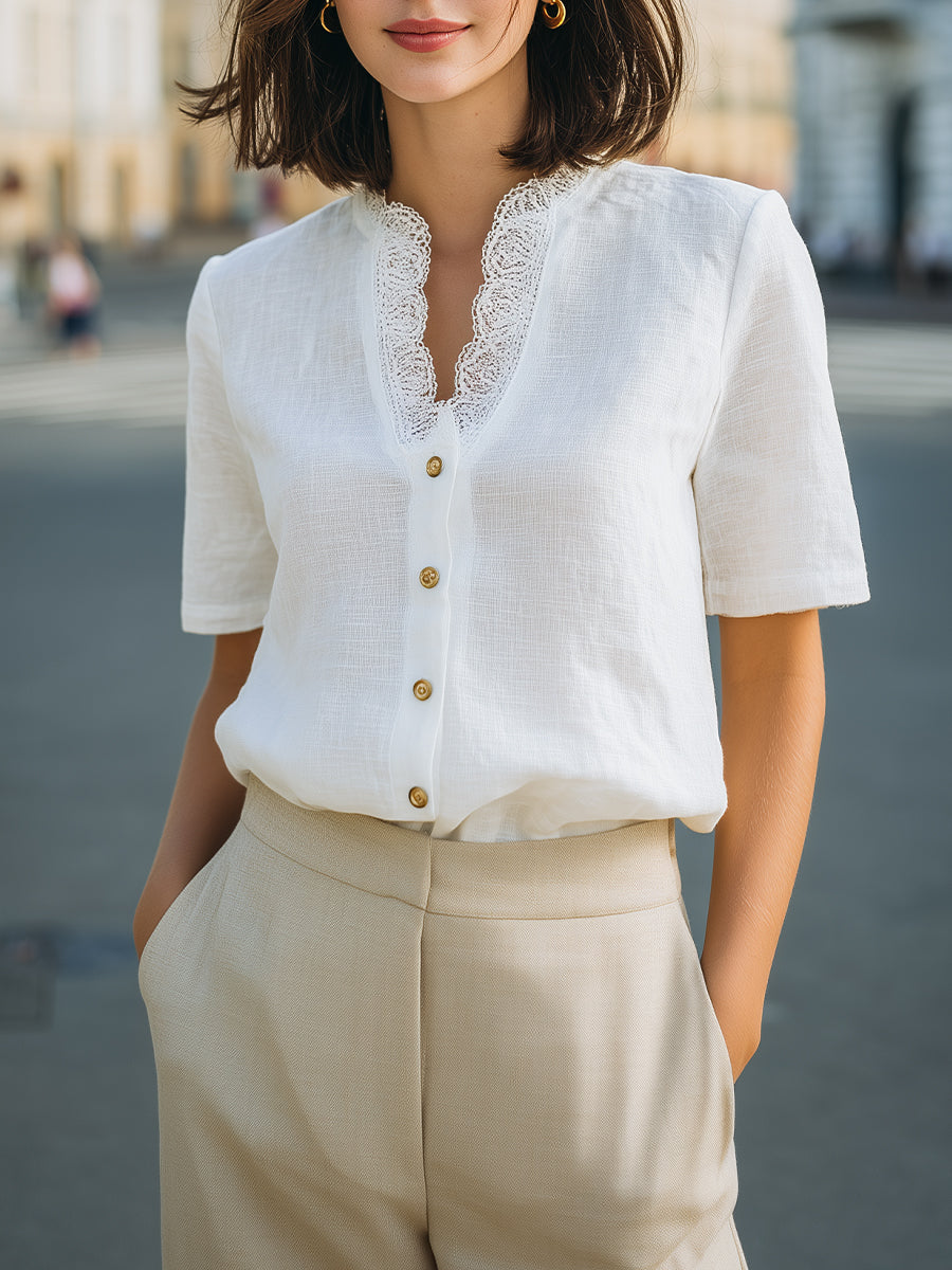 Lace-Trim V-Neck Button-Front Short Sleeve Blouse - Clova Women's Fashion