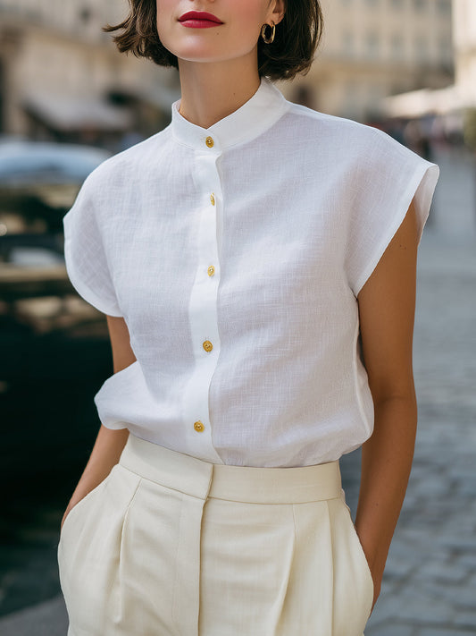 Mandarin Collar Button-Front Cap Sleeve Blouse - Clova Women's Fashion