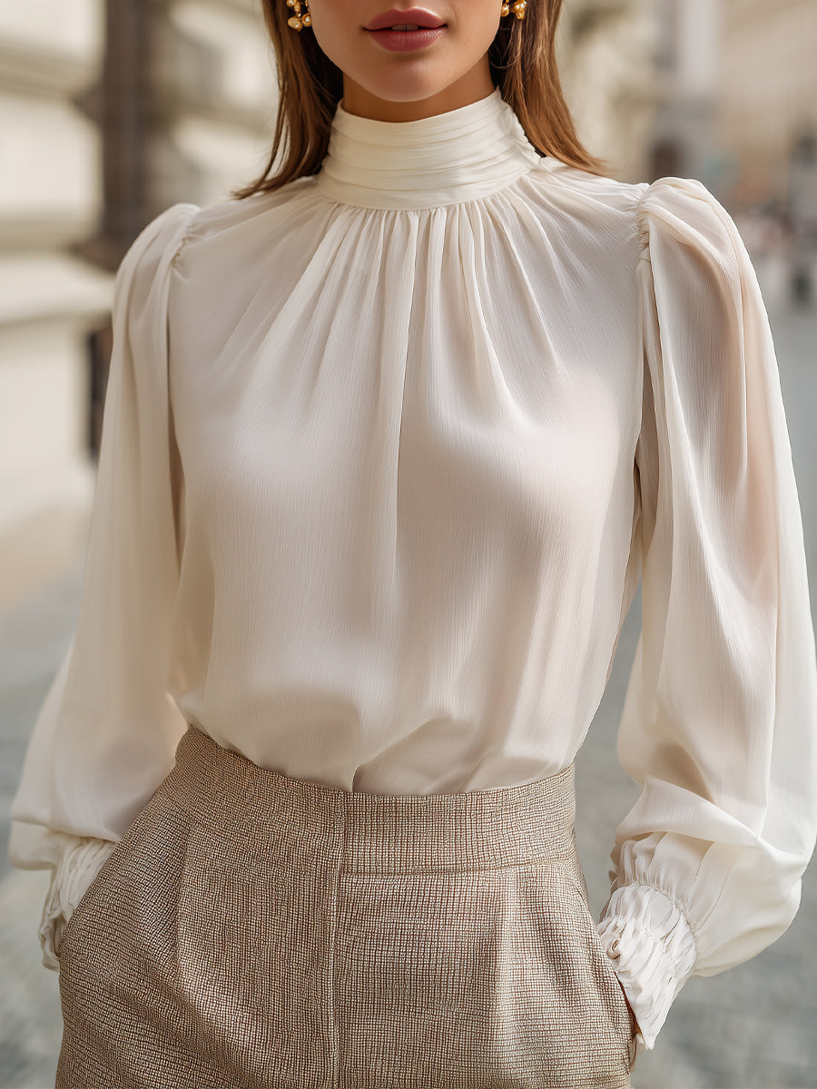 High-Neck Gathered Chiffon Blouse - Clova Women's Fashion