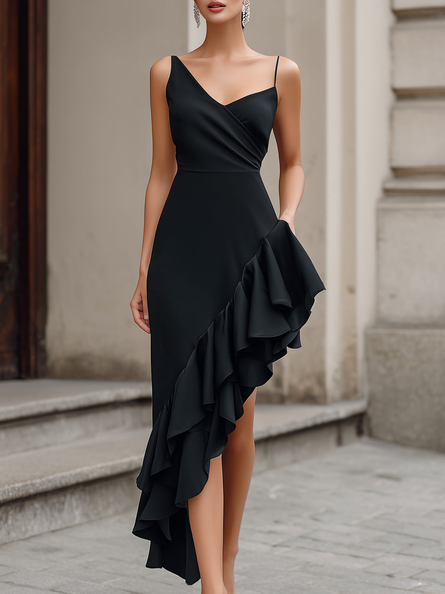 Asymmetric Ruffle Hem Slip Midi Dress - Clova Women's Fashion