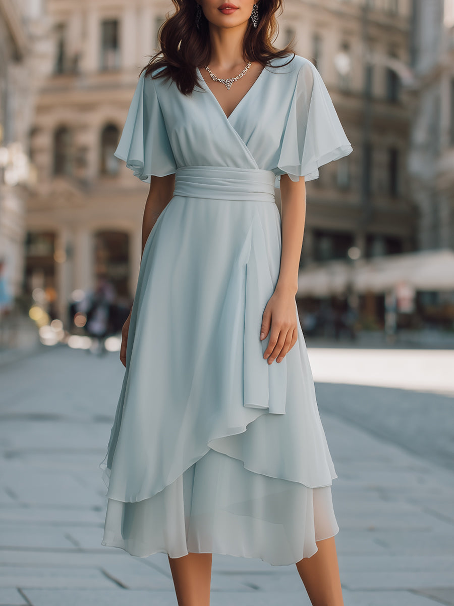 Layered Chiffon Wrap Midi Dress - Clova Women's Fashion
