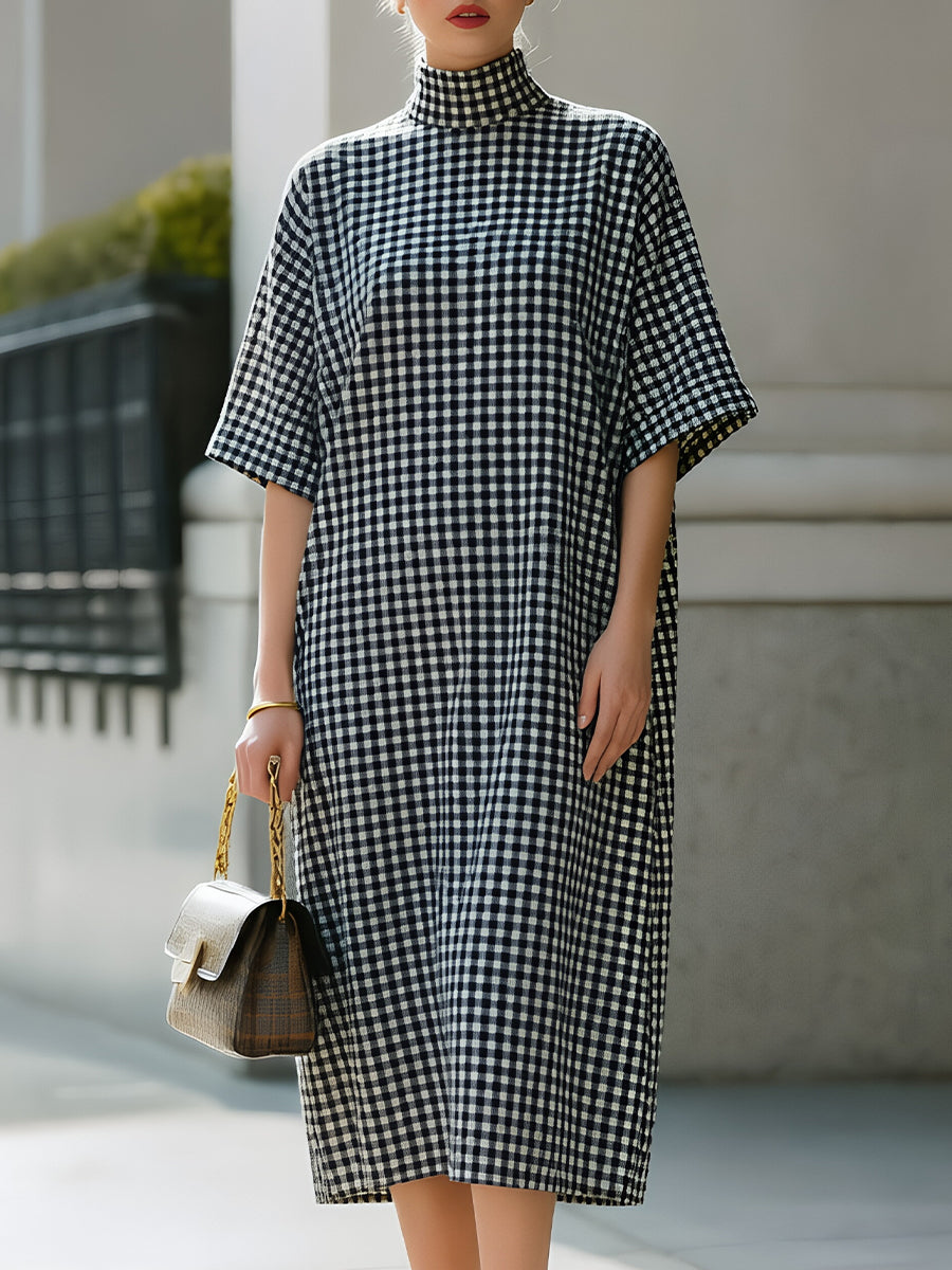 Black-and-White Gingham High-Neck Short-Sleeve Midi Shift Dress - Clova Women's Fashion