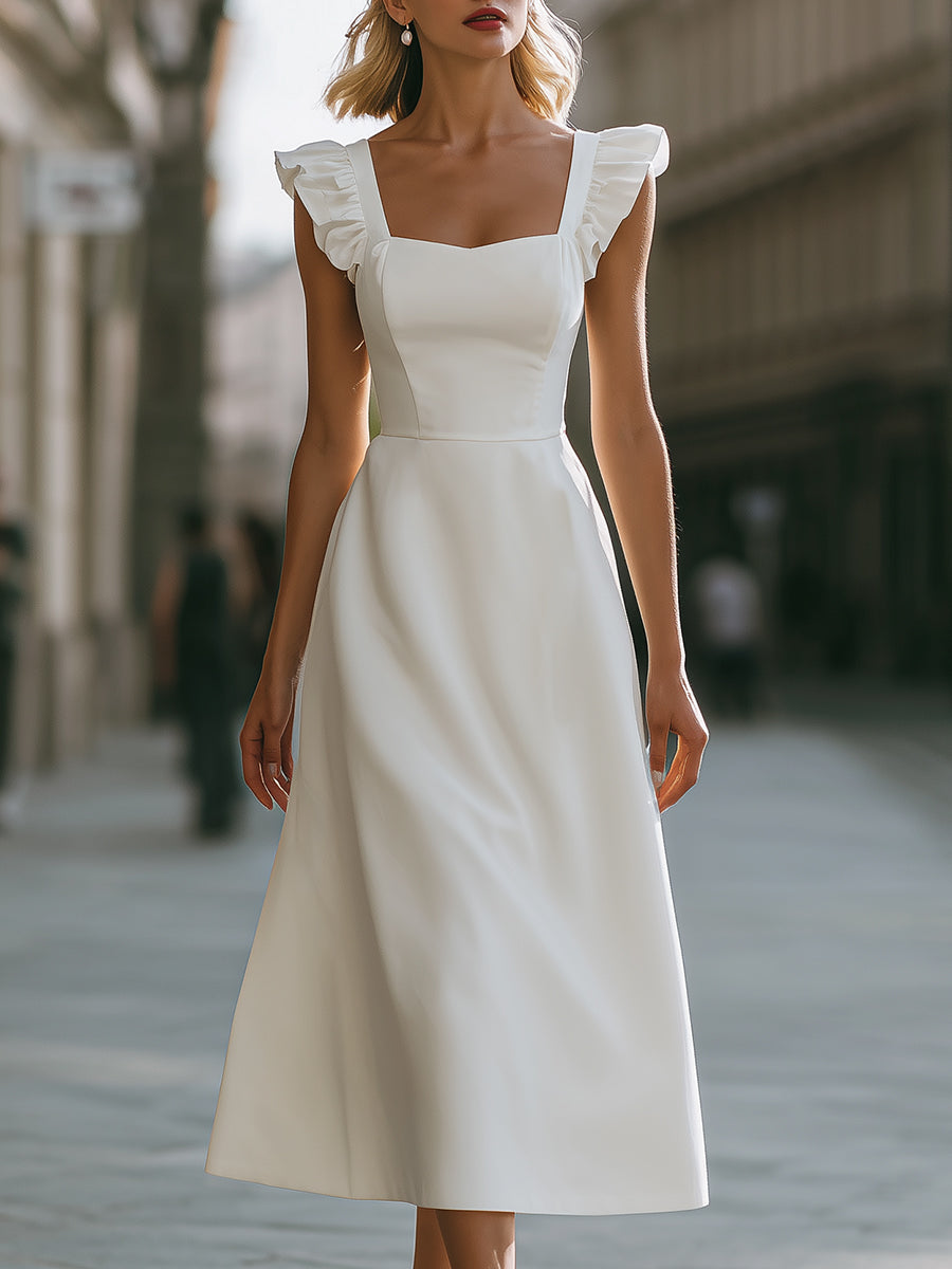 Square Neck Ruffle Strap A-Line Midi Dress - Clova Women's Fashion