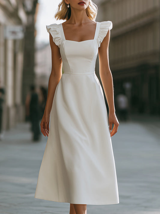 Square Neck Ruffle Strap A-Line Midi Dress - Clova Women's Fashion