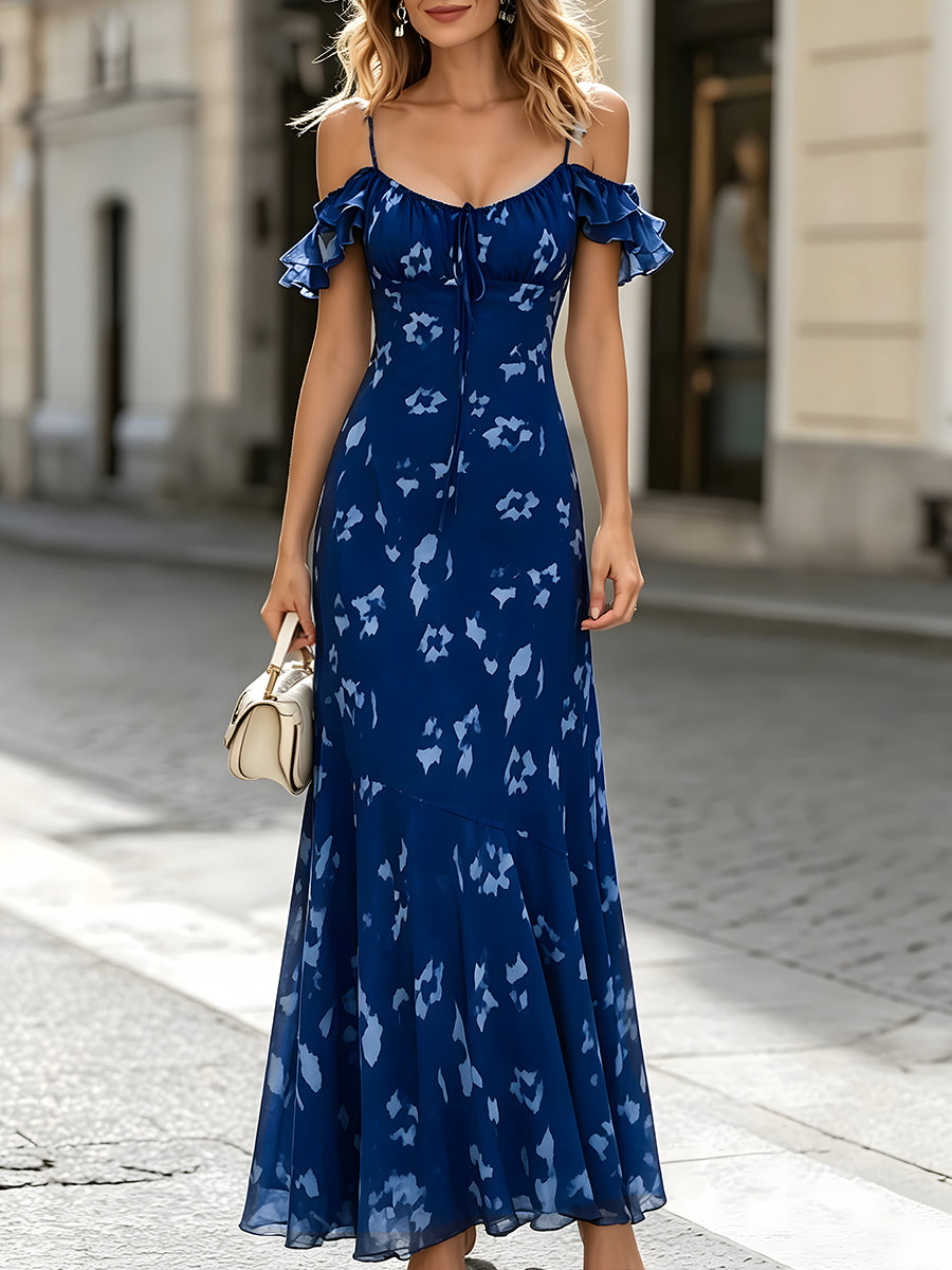 Off-Shoulder Ruffle Sleeve Printed Maxi Dress - Clova Women's Fashion