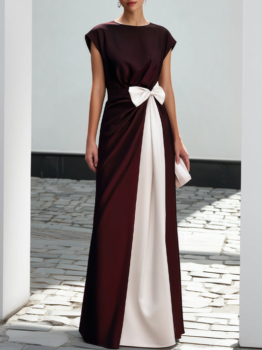 Contrast Panel Bow Waist Maxi Dress - Clova Women's Fashion