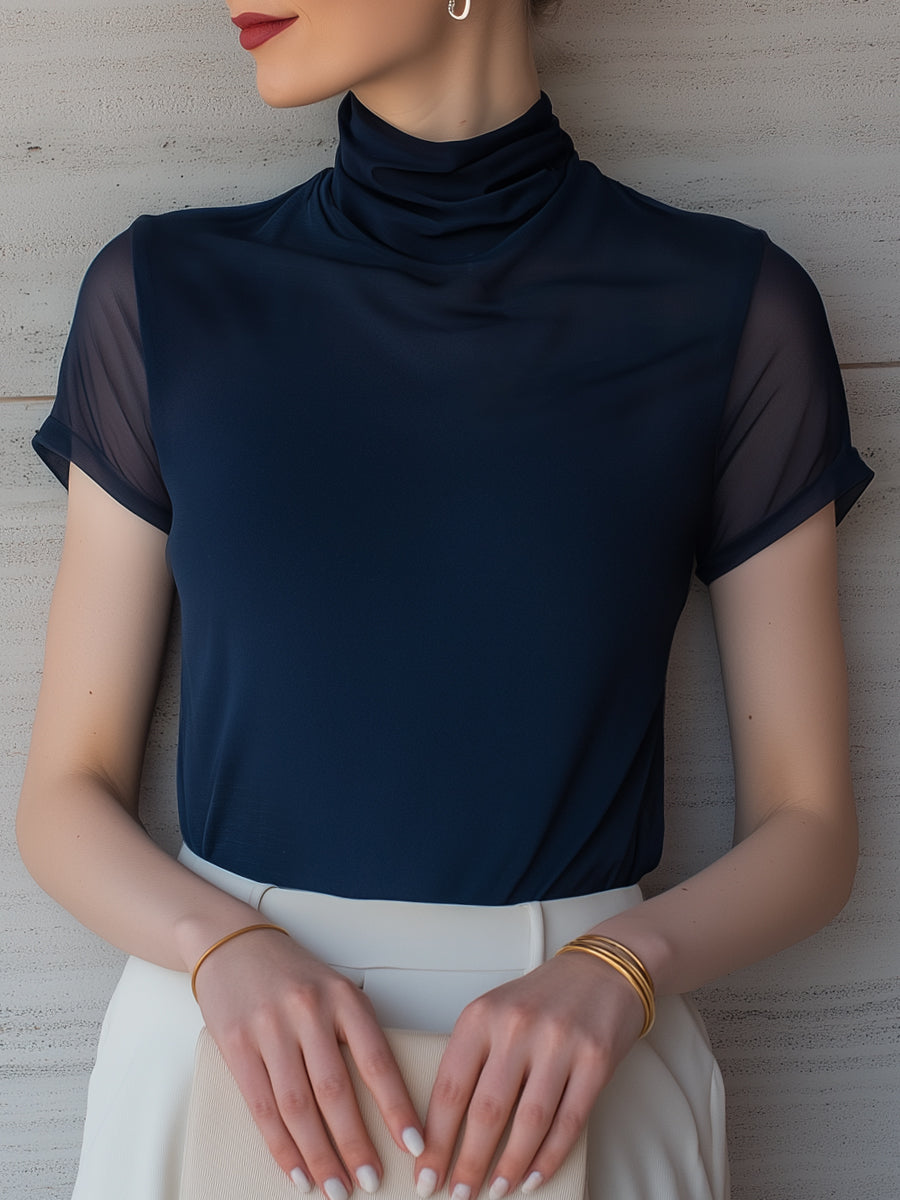 Contrast Sheer Sleeve Mock Neck Top - Clova Women's Fashion