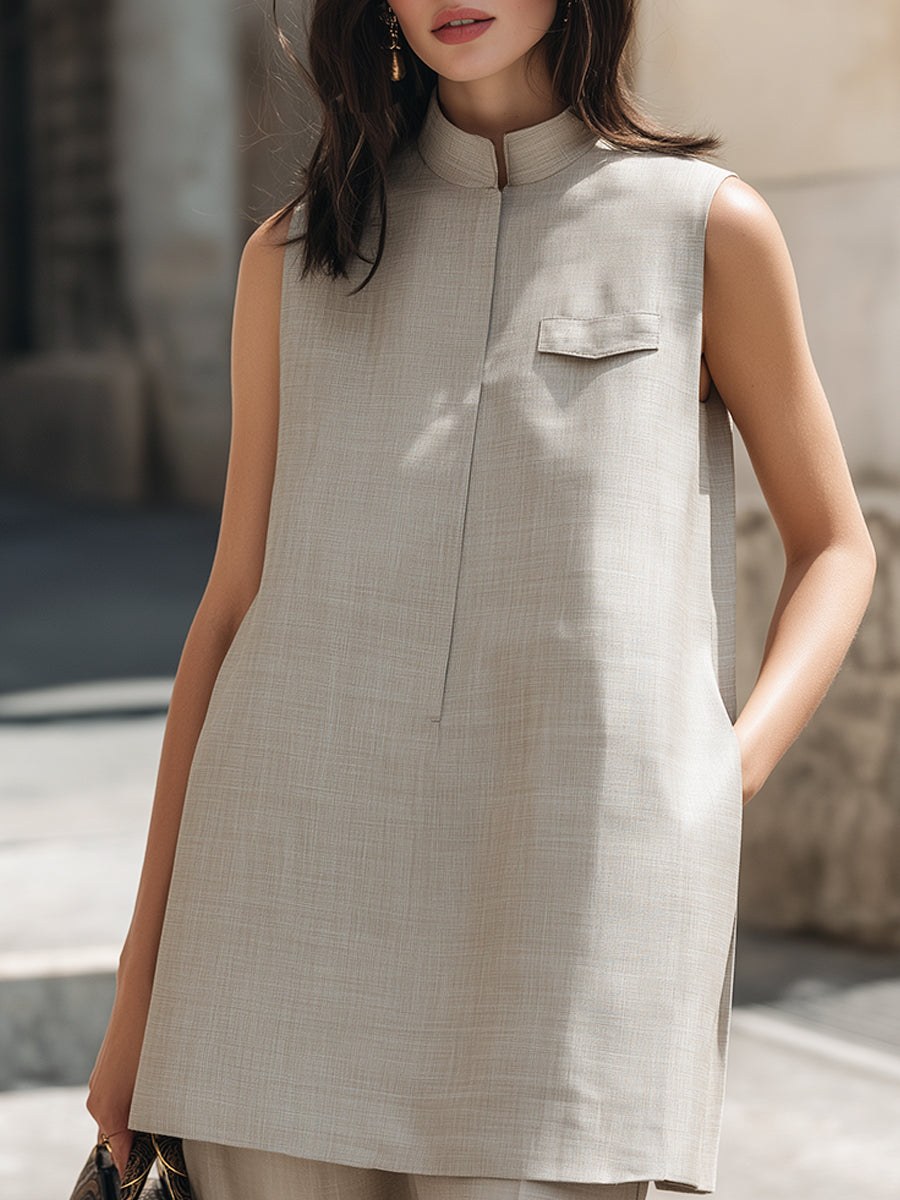 Sleeveless Minimalist Mandarin Collar Tunic Top - Clova Women's Fashion