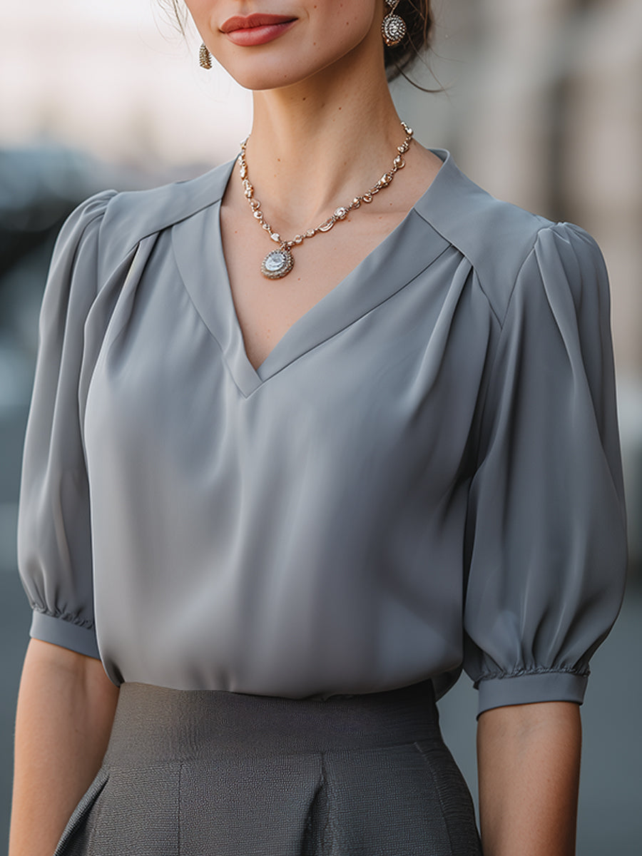 Elegant Puff Sleeve V-Neck Blouse - Clova Women's Fashion