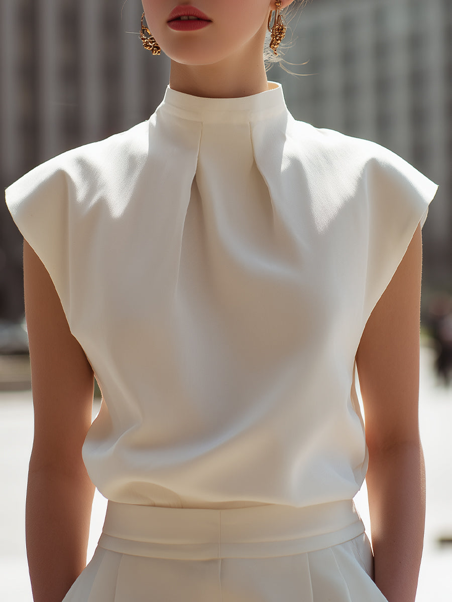 Draped High-Neck Cap Sleeve Elegant Blouse - Clova Women's Fashion