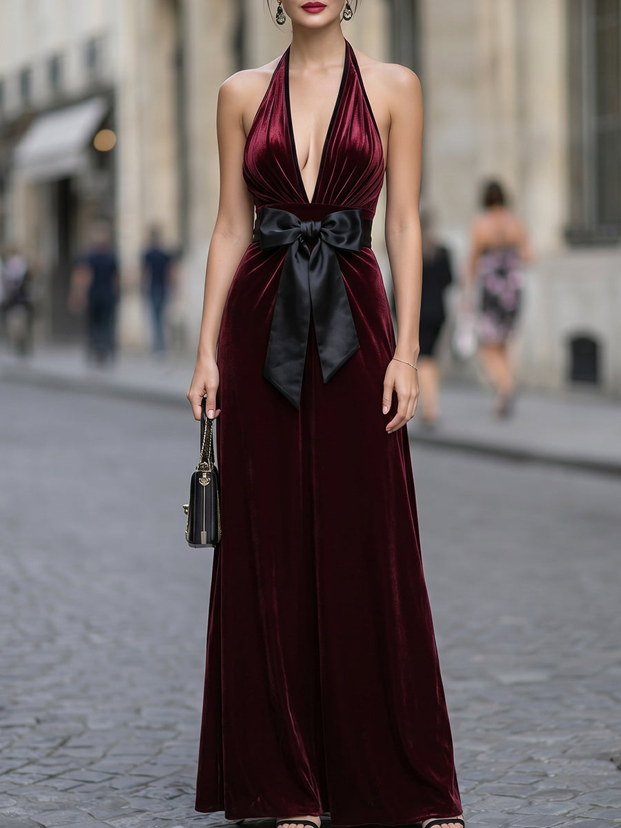 Velvet Halter Neck Deep V Maxi Dress With Statement Bow - Clova Women's Fashion