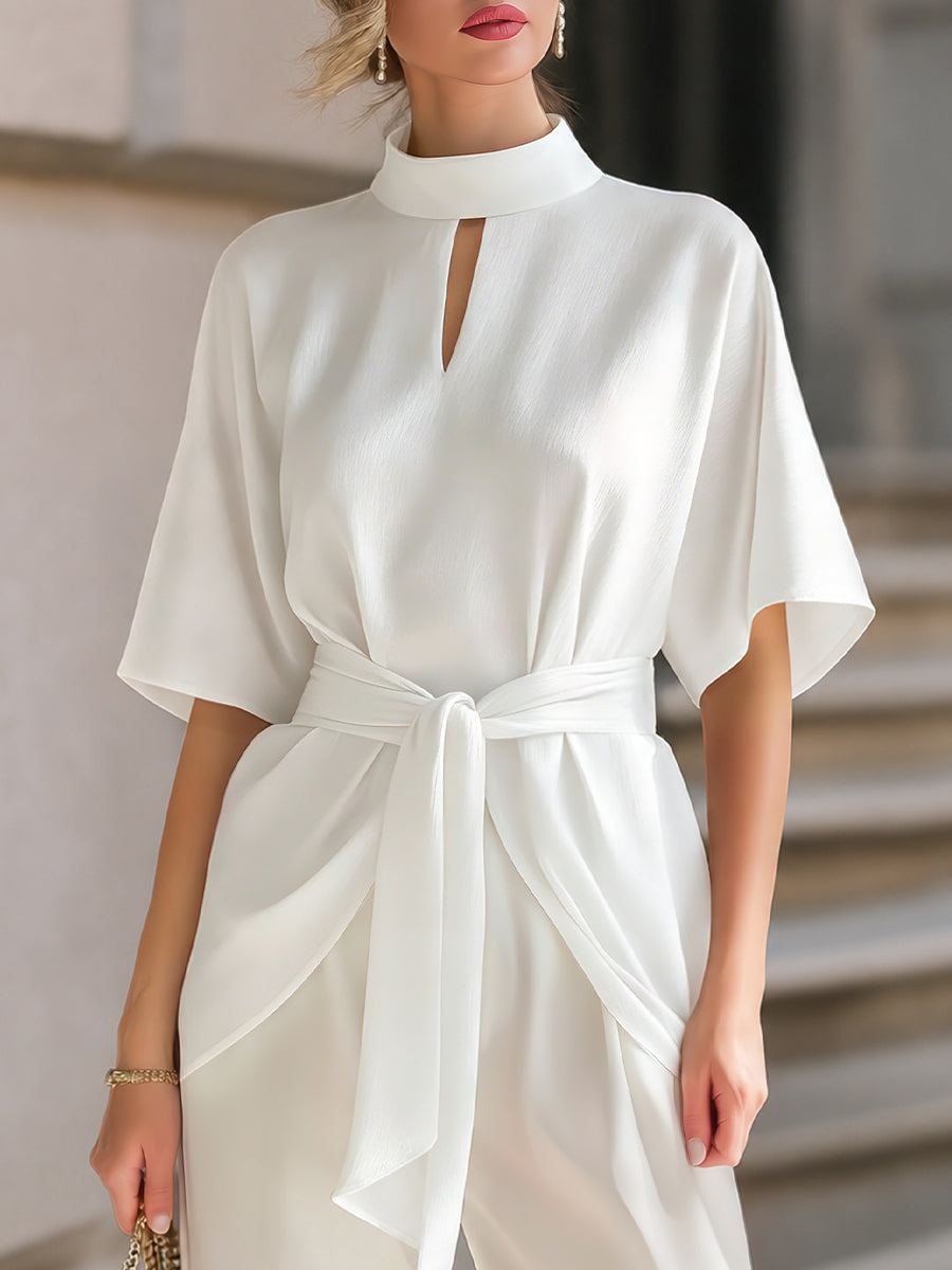 Elegant Mock Neck Front Keyhole Detail Waist-Tie Blouse - Clova Women's Fashion