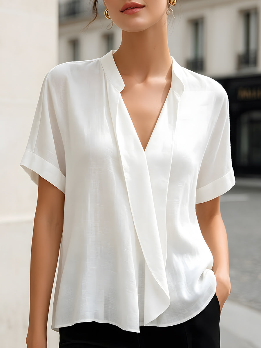 Relaxed V-Neck Short Sleeve Blouse - Clova Women's Fashion