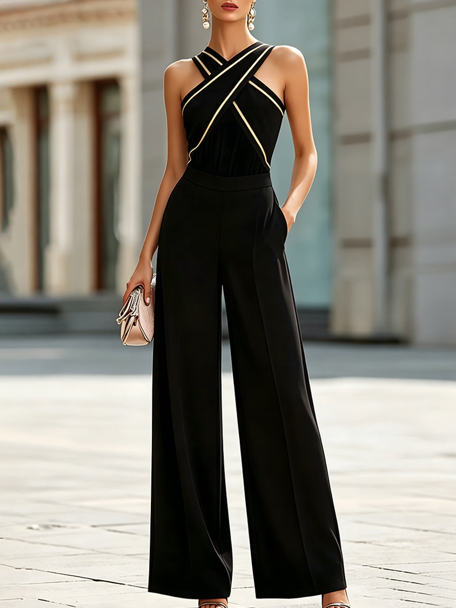 Cross-Strap Contrast Trim Halter Wide-Leg Jumpsuit - Clova Women's Fashion