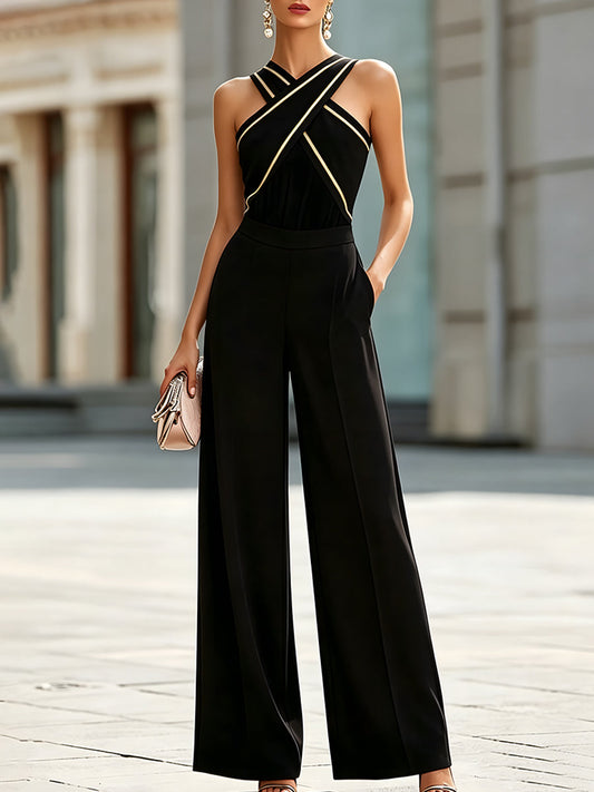 Cross-Strap Contrast Trim Halter Wide-Leg Jumpsuit - Clova Women's Fashion