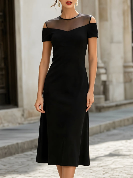 Sheer Illusion Cold-Shoulder Elegant Midi Dress - Clova Women's Fashion