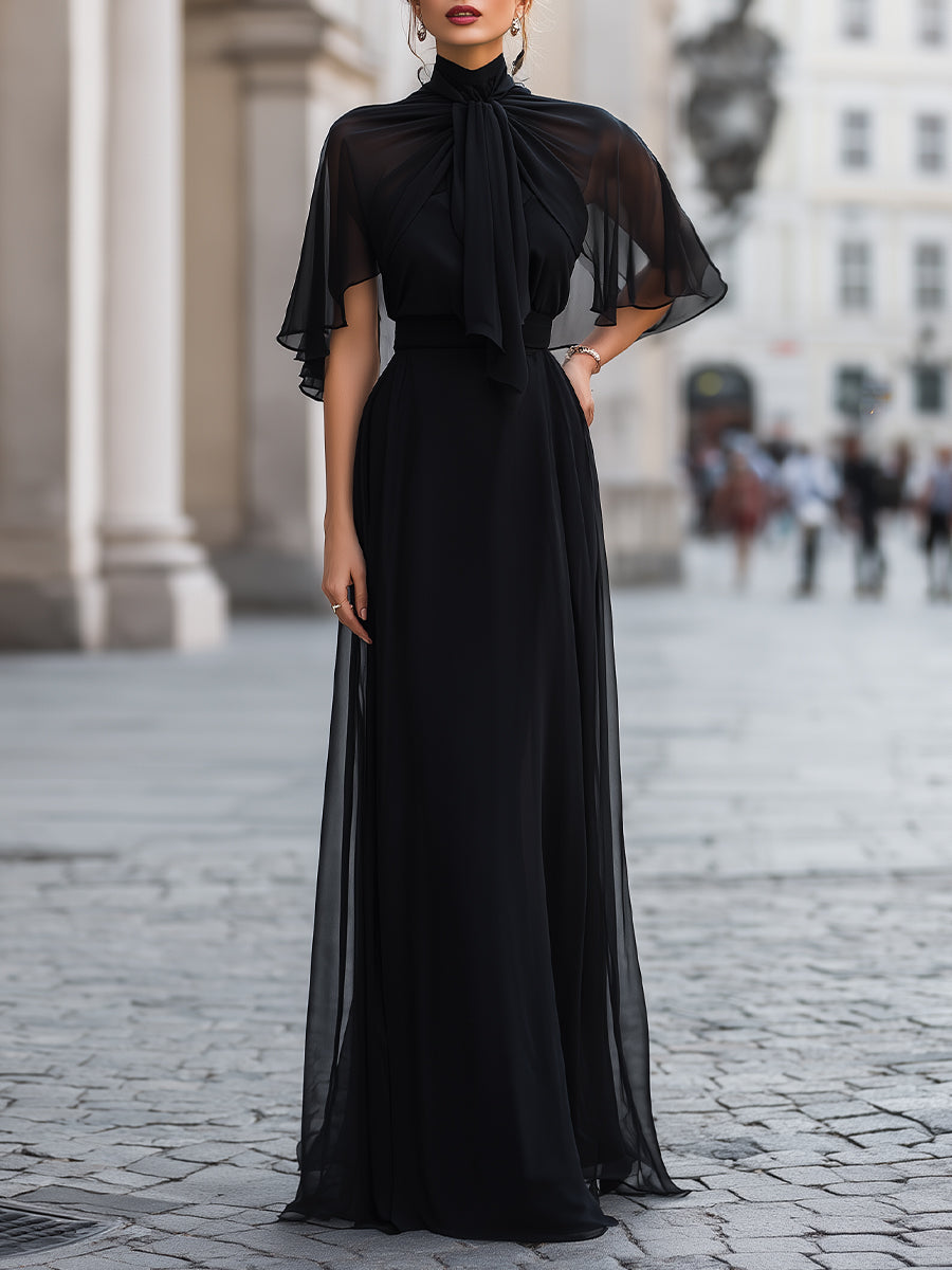 Sheer Tie-Neck Maxi Dress With Flutter Sleeves And Layered Skirt - Clova Women's Fashion