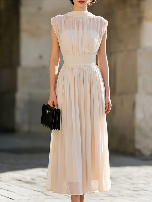 High-Neck Sleeveless Chiffon Pleated Maxi Dress - Clova Women's Fashion