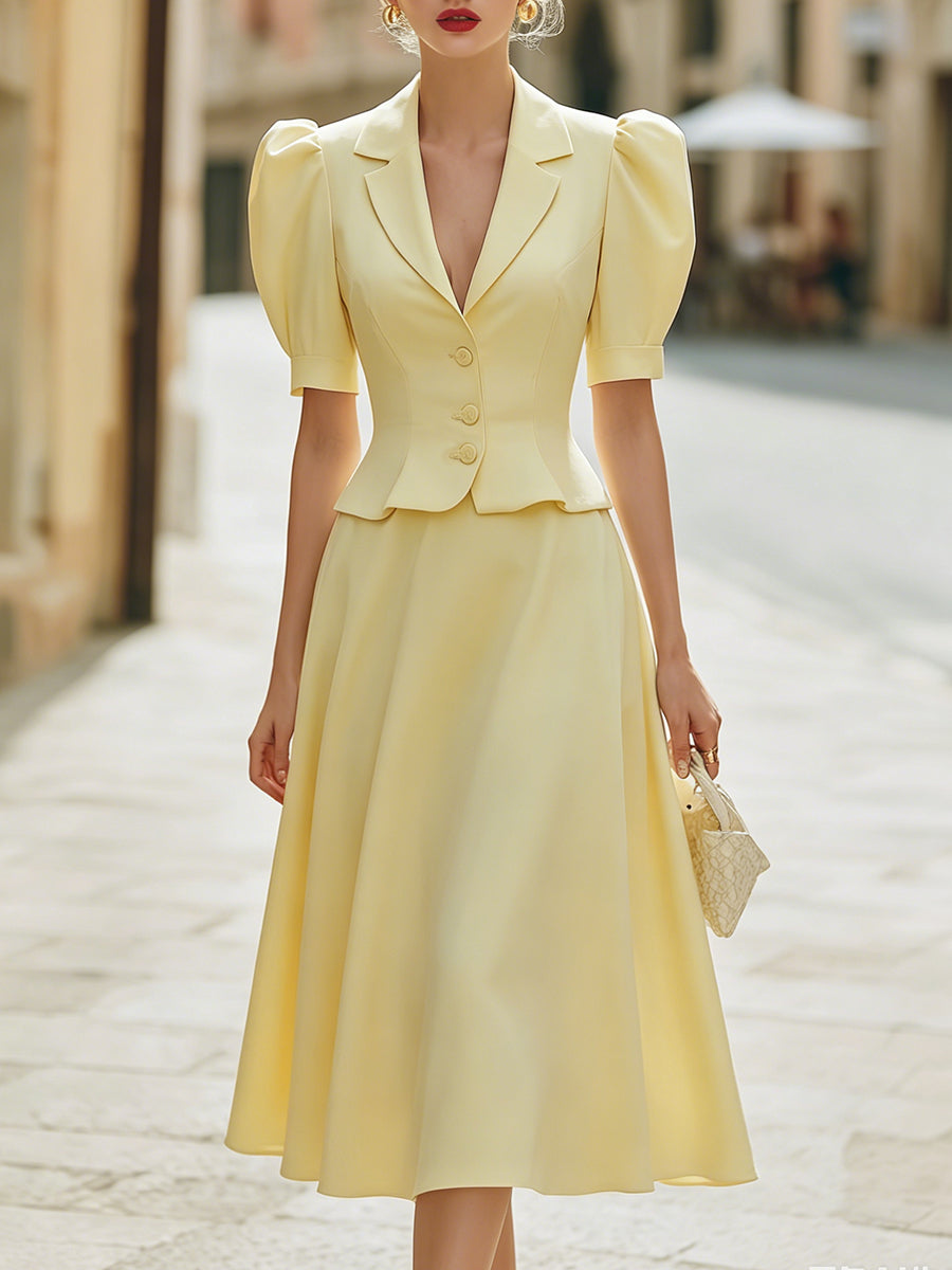 Tailored Puff Sleeve Peplum Jacket And Flared Midi Skirt Set - Clova Women's Fashion