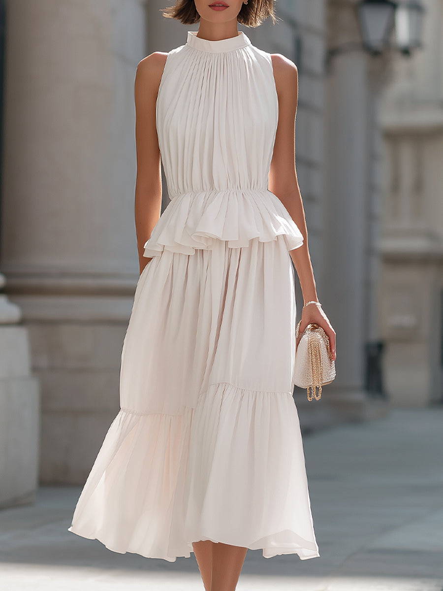Tiered Ruffle Halter Midi Dress With Peplum Waist - Clova Women's Fashion