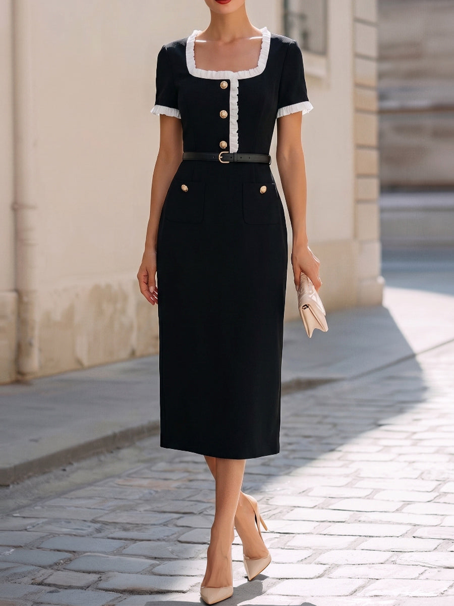 Square-Neck Ruffle-Trimmed Belted Midi Pencil Dress - Clova Women's Fashion