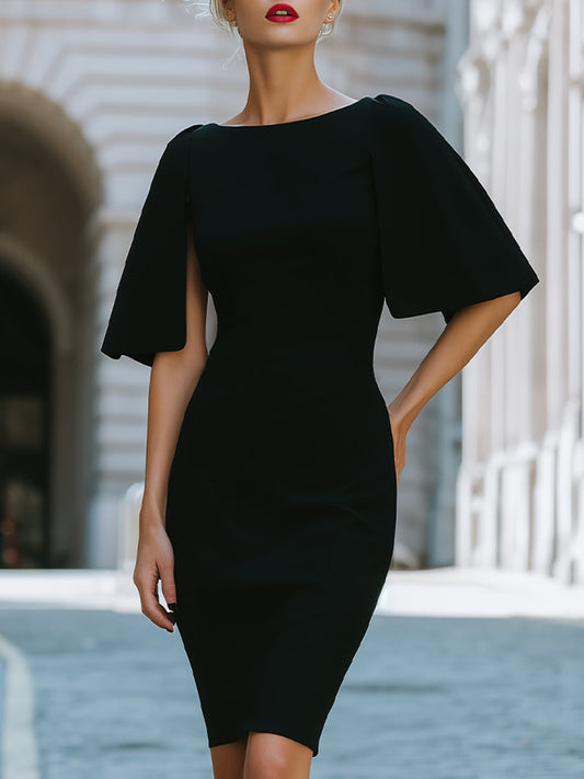 Structured Cape Sleeve Fitted Midi Dress - Clova Women's Fashion