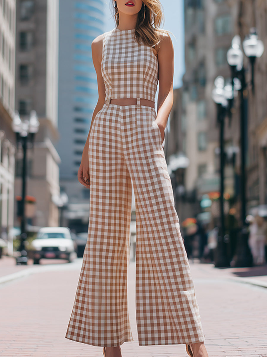 Beige Gingham Sleeveless Wide-Leg Jumpsuit - Clova Women's Fashion