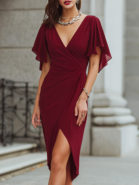 Elegant Draped Flutter Sleeve Wrap Midi Dress - Clova Women's Fashion