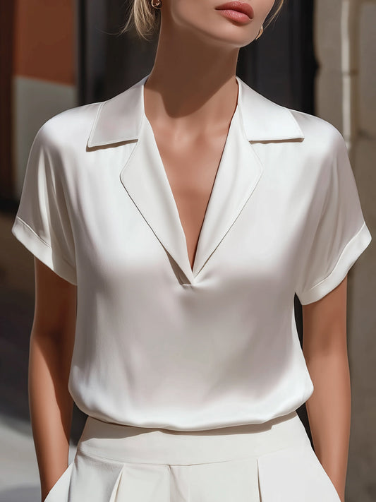 Relaxed Satin Notch Collar Short Sleeve Blouse - Clova Women's Fashion