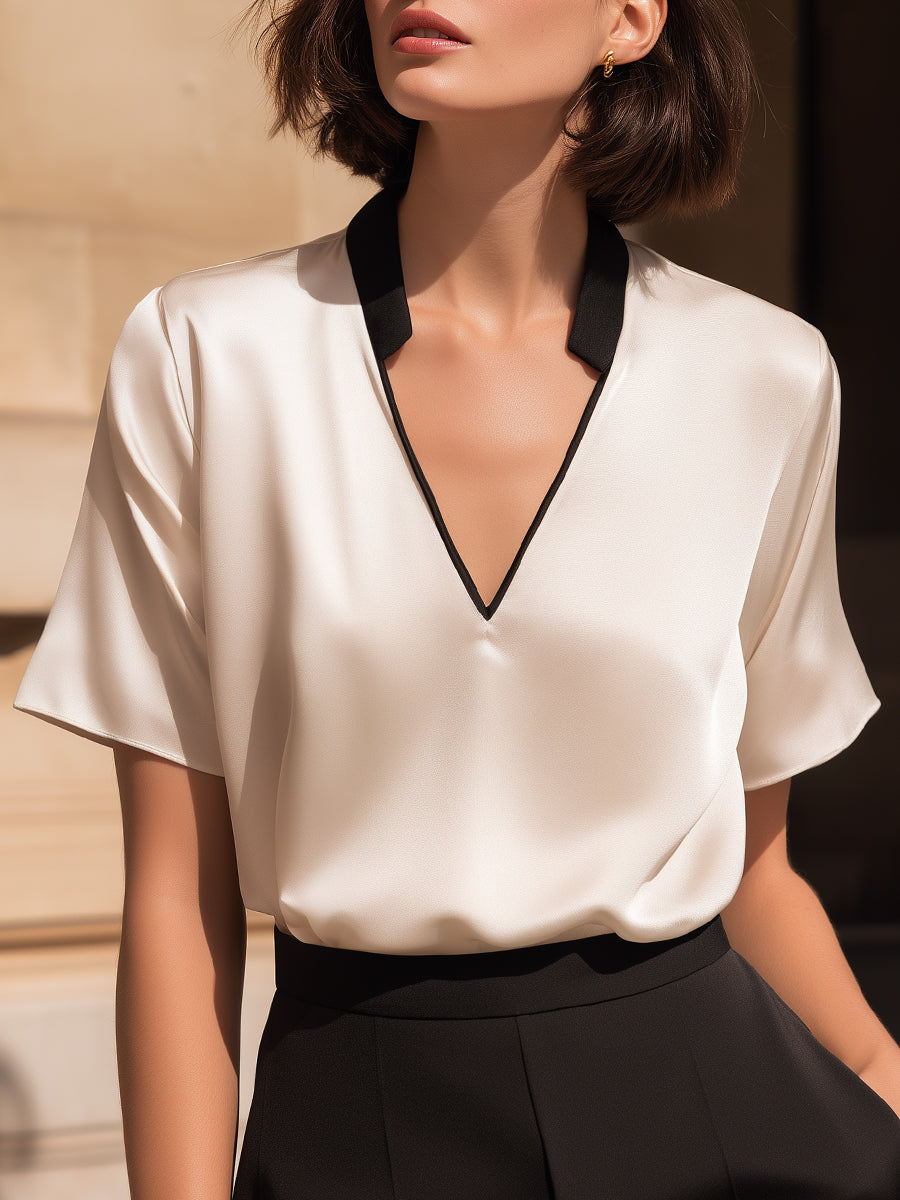 Contrast Trim Satin V-Neck Relaxed Blouse - Clova Women's Fashion
