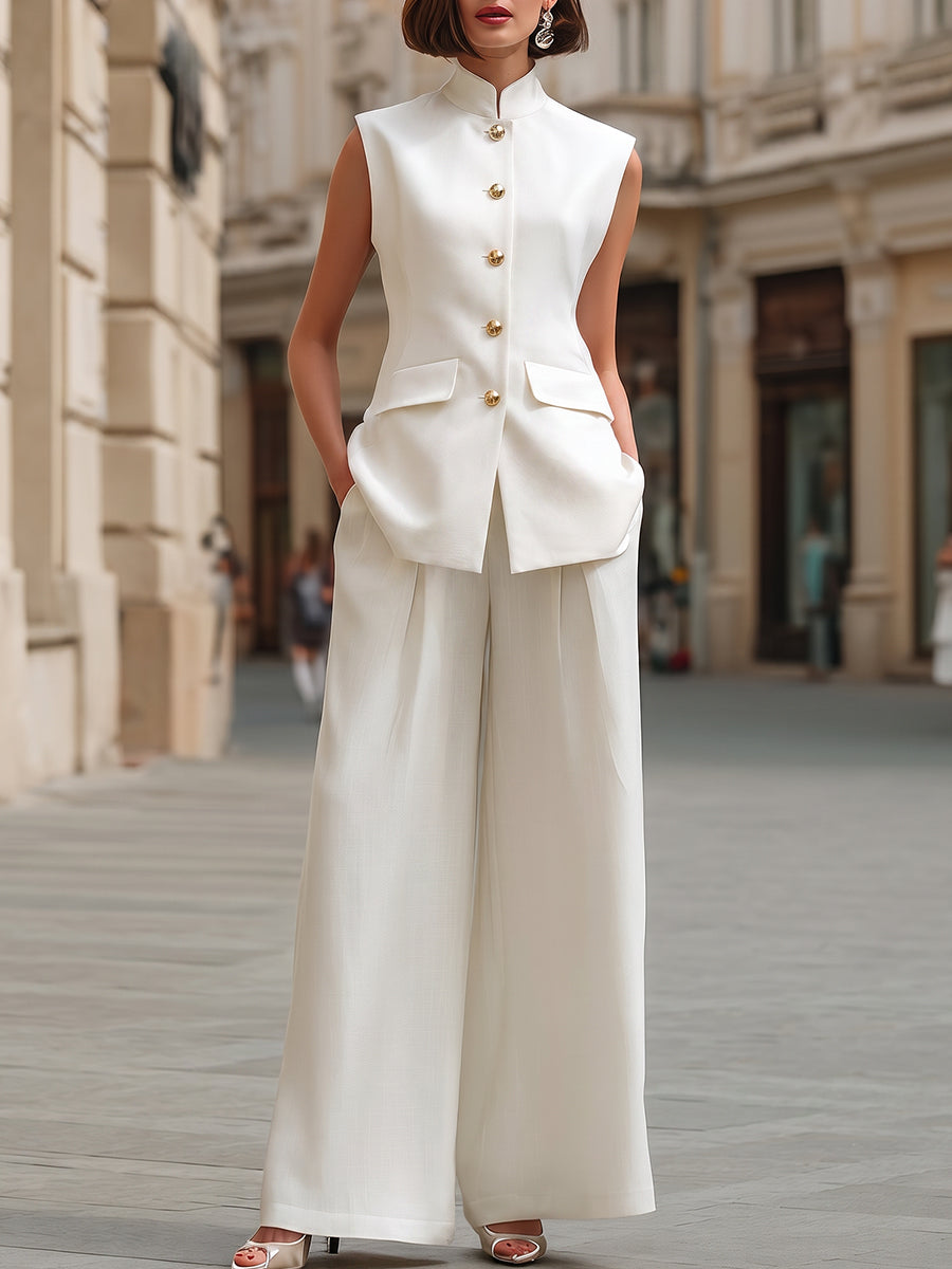 Minimalist Mandarin Collar Tailored Vest And Wide-Leg Trouser Set - Clova Women's Fashion