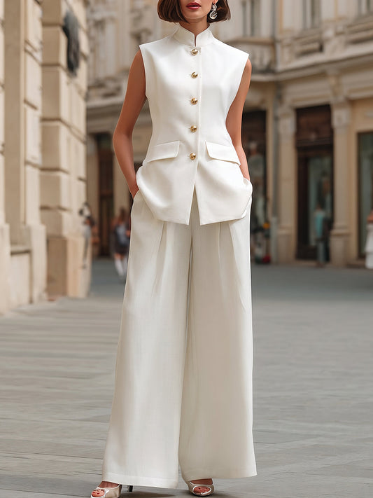 Minimalist Mandarin Collar Tailored Vest And Wide-Leg Trouser Set - Clova Women's Fashion
