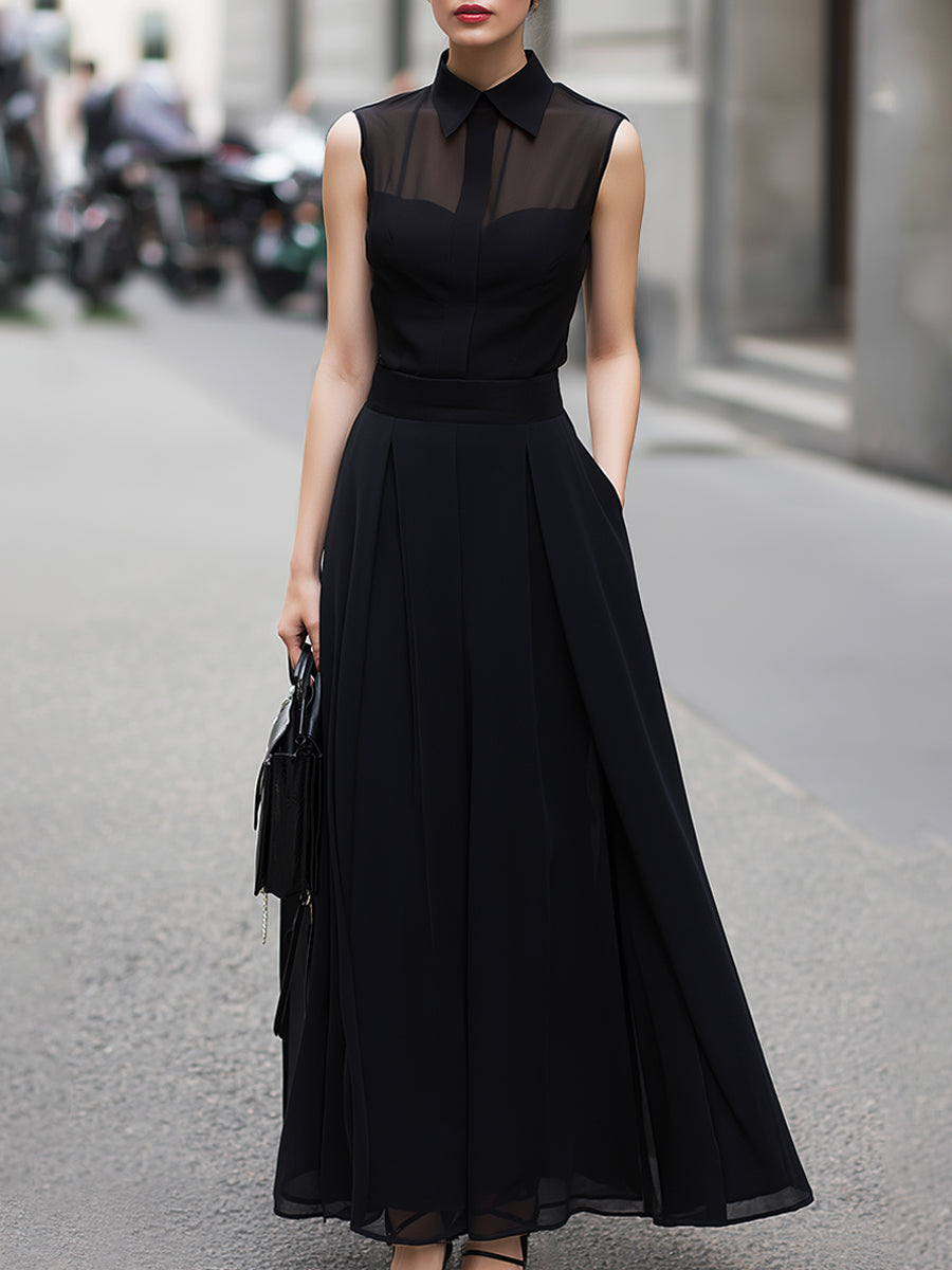 Sheer-Paneled Sleeveless Top & Collared Skirt Two-Piece Set - Clova Women's Fashion